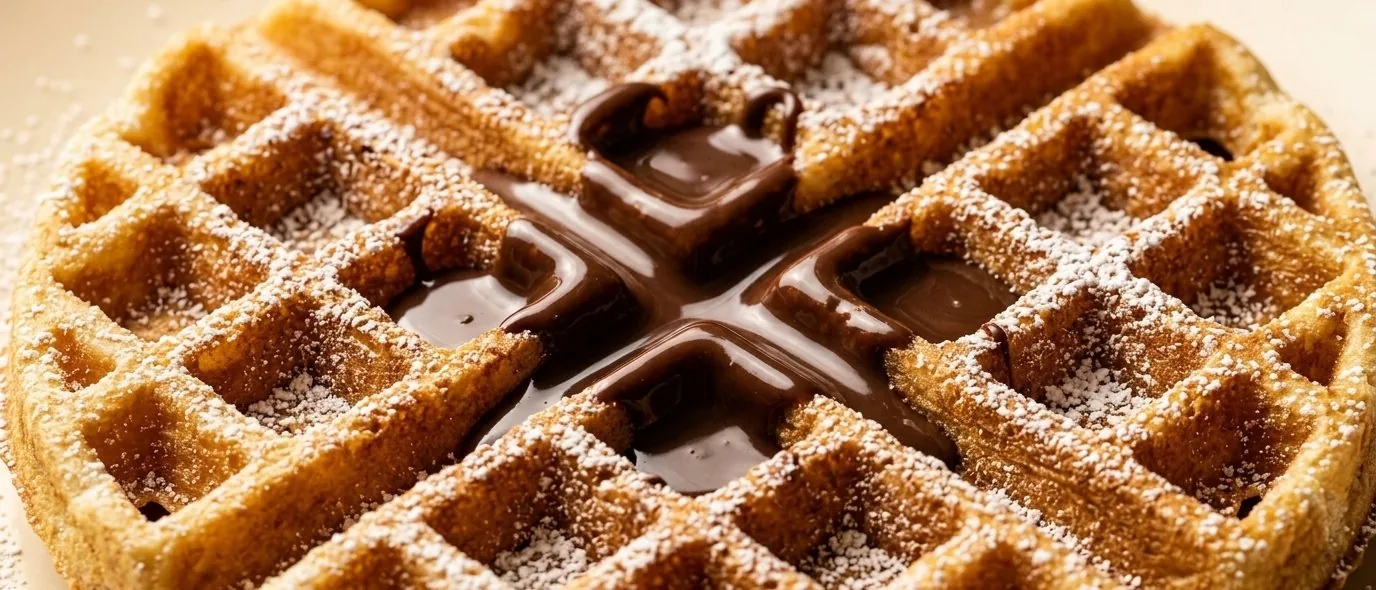 Gaufre dorée nappée de chocolat chaud et sucre glace