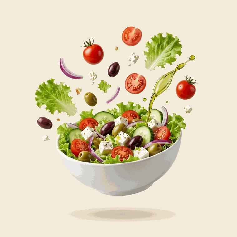 Salade fraîche en bol : crudités, feta et olives